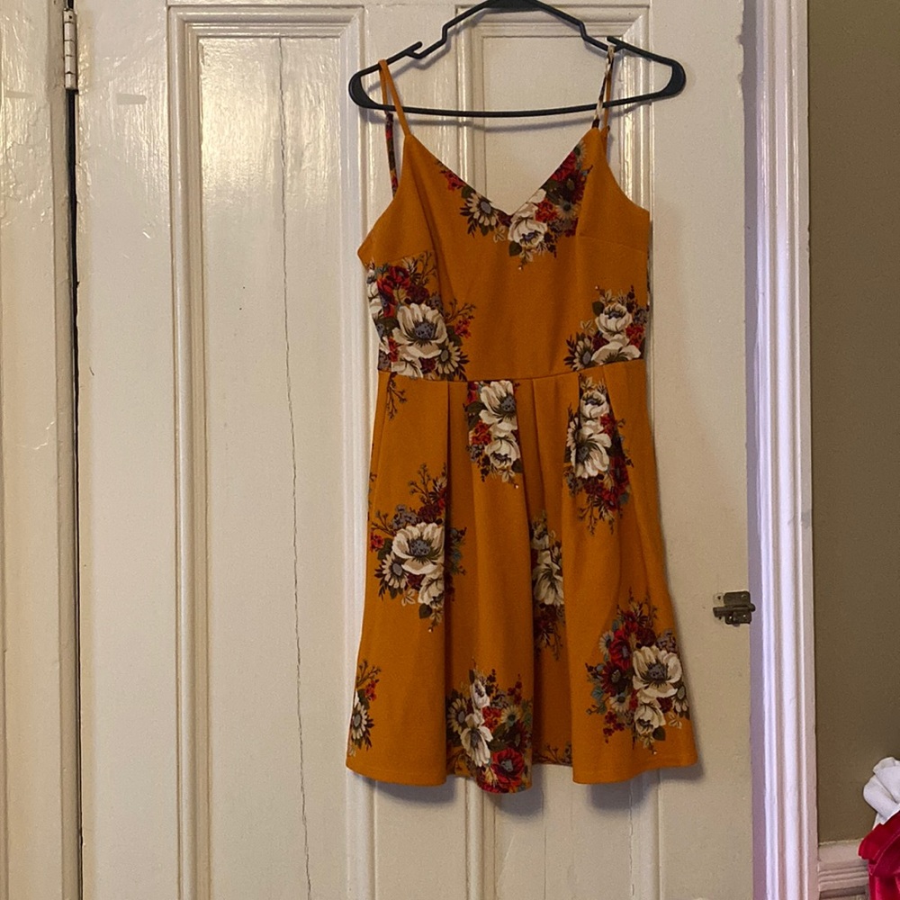 Mustard floral A-line spaghetti strap dress